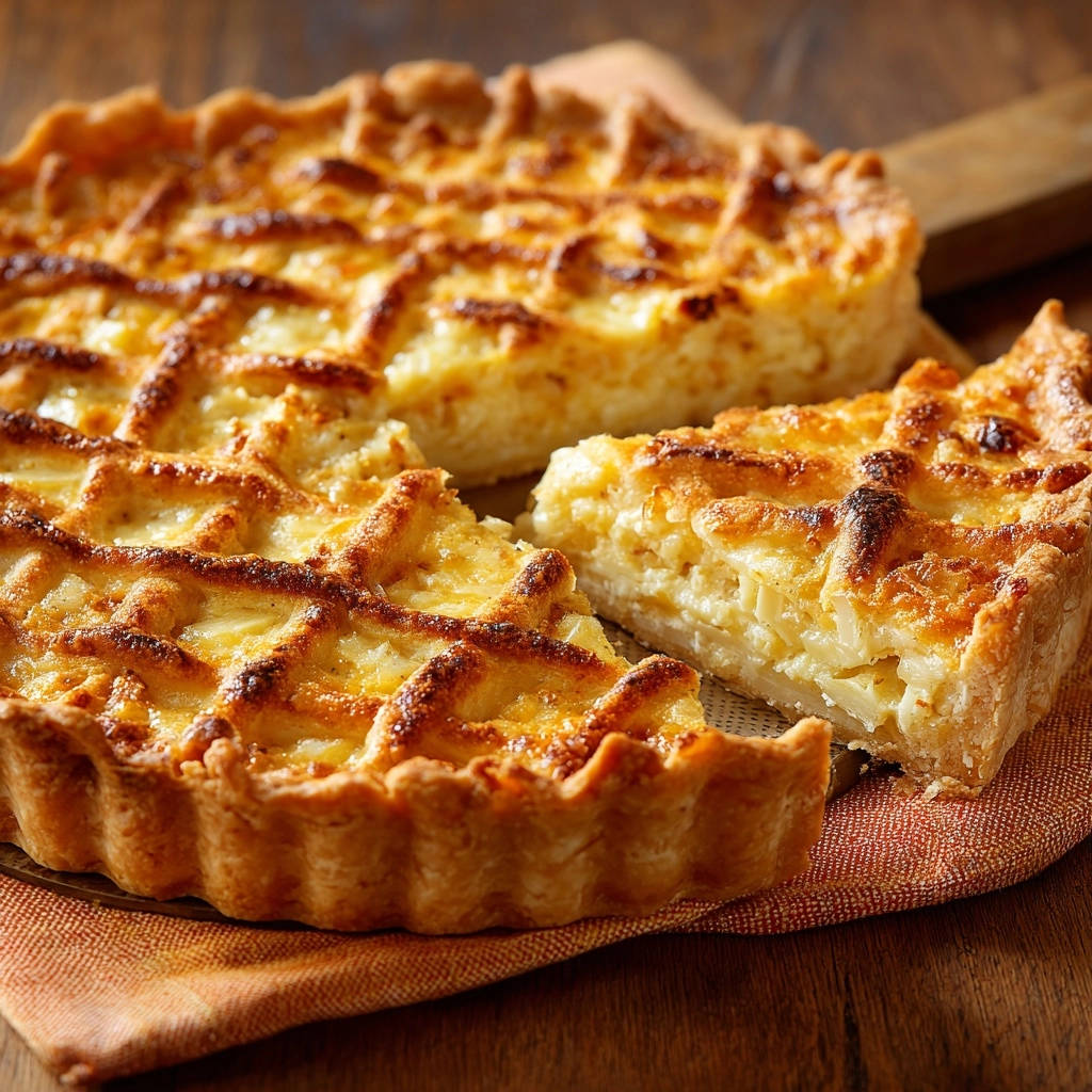 Herzhafte Kartoffel-Tarte mit Gitter, angeschnitten, zeigt den knusprigen Boden und das cremige Innere der Tarte.