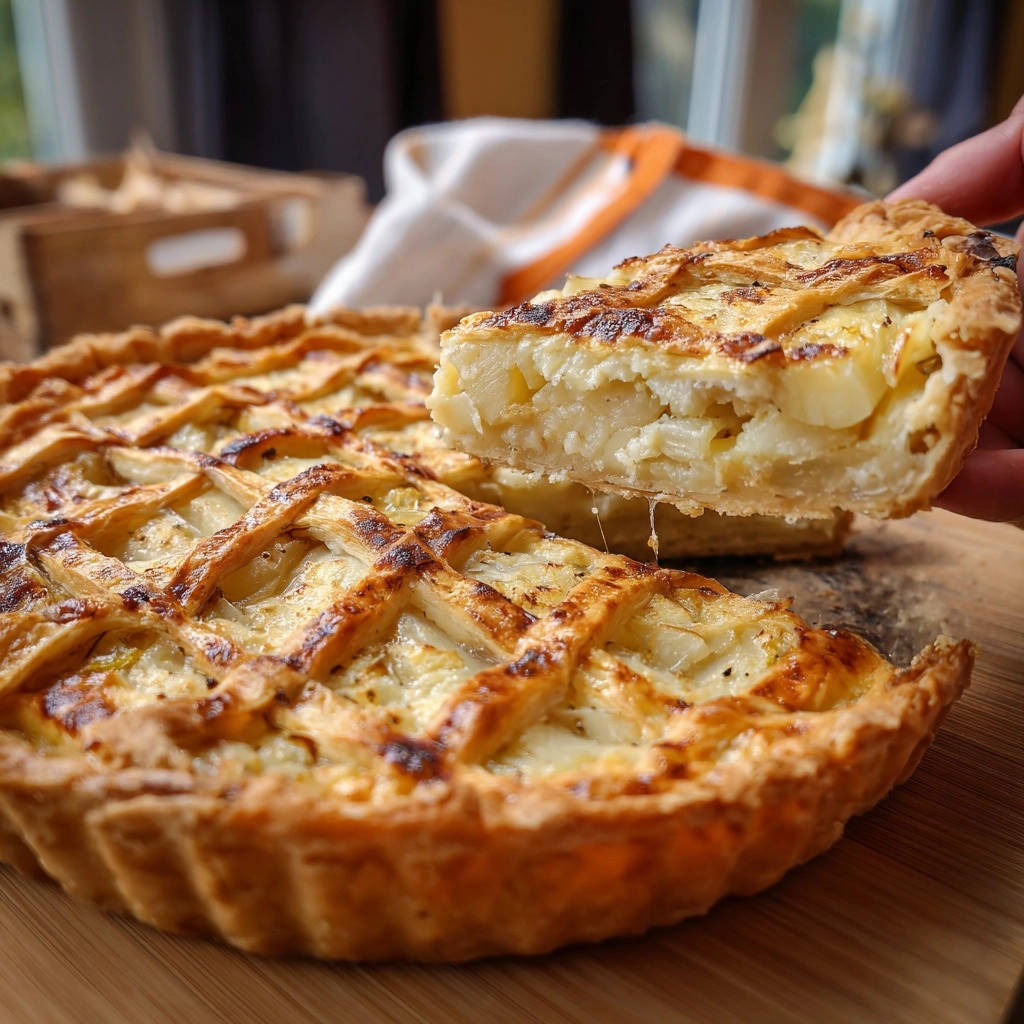 Herzhafte Kartoffel-Tarte mit Gitter, eine Scheibe wird angehoben und zeigt das knusprige Innere und den Gitterdeckel.