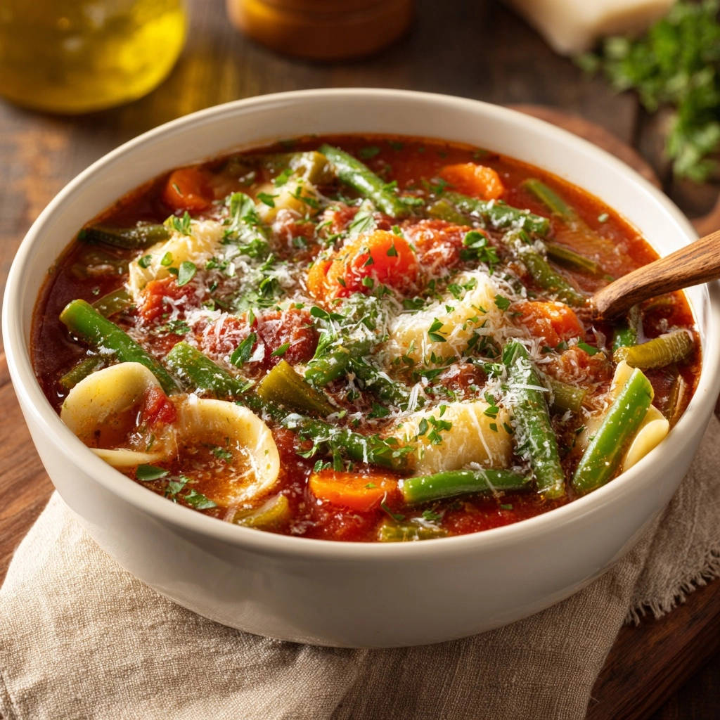 Herzhafte Minestrone mit Orecchiette-Nudeln und knackigem Gemüse, garniert mit geriebenem Parmesan.