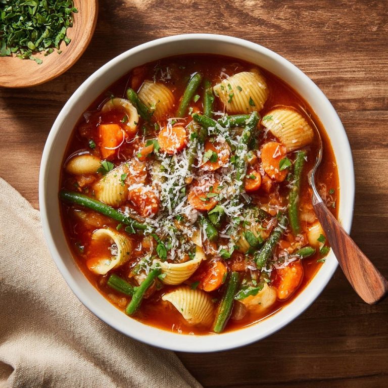 Herzhafte Minestrone mit Nudeln, Karotten und grünen Bohnen, bestreut mit frisch geriebenem Parmesan.