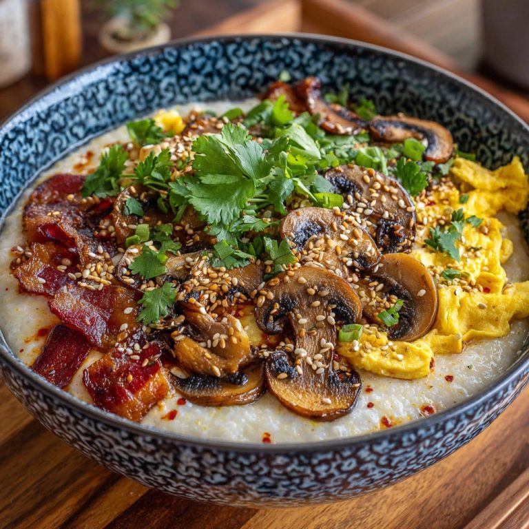 Herzhafter Frühstücksbrei Deluxe, garniert mit Speck, Pilzen, Rührei, Kräutern und Sesamsamen in einer Schüssel.