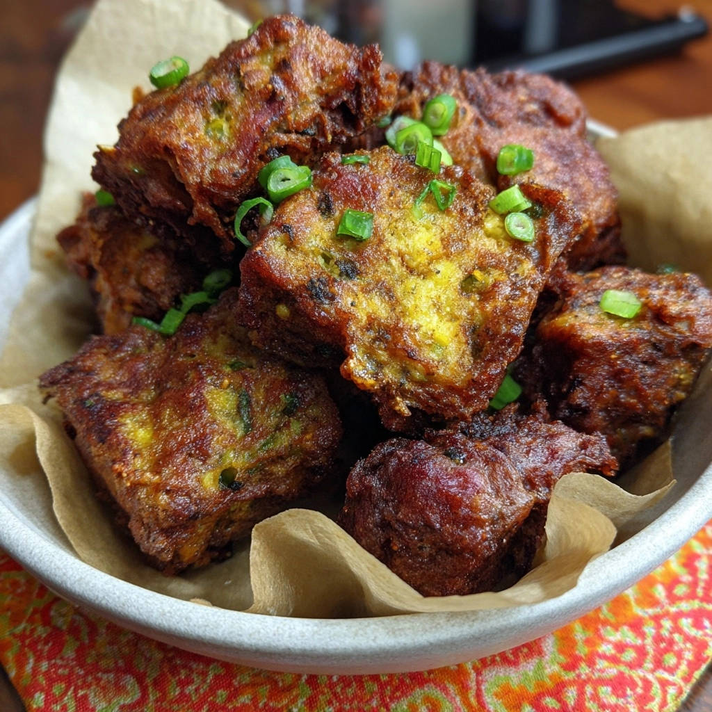 Herzhafter Rinder-Hash mit Knusper-Fritters, nahaufnahme der goldbraun frittierten Stückchen mit Frühlingszwiebeln garniert.