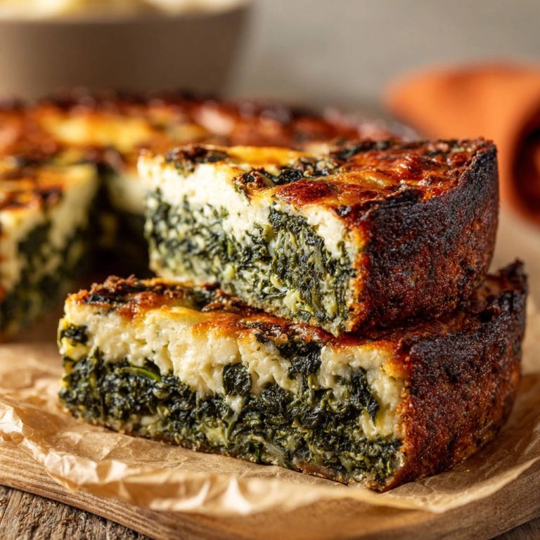 Herzhafter Spinat-Käse-Kuchen angeschnitten, der reichhaltige Spinat und die cremige Käseschicht im Detail zeigt.