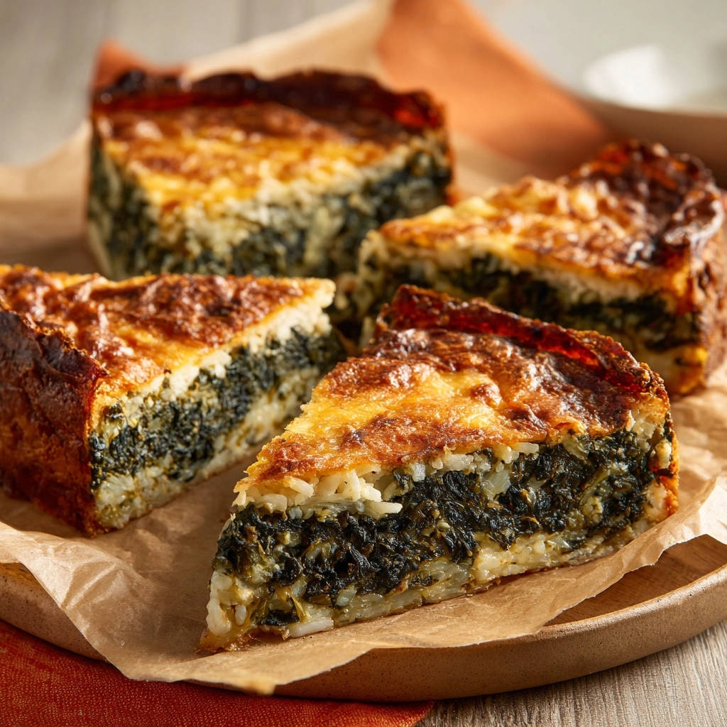 Herzhafter Spinat-Käse-Kuchen im Anschnitt, der die Schichten aus Spinat und Käse zeigt.