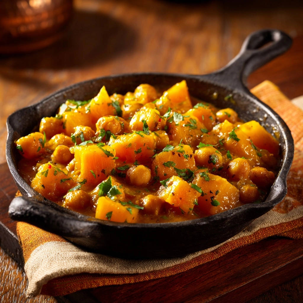 Herzhaftes Kürbis-Kichererbsen-Curry in einer Gusseisenpfanne, detailreiche Nahaufnahme mit Petersilie garniert.