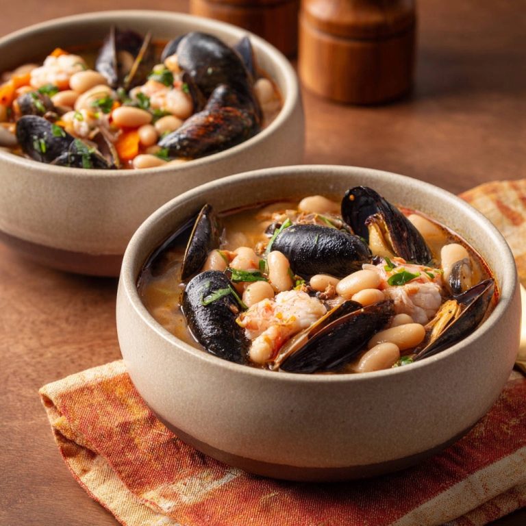 Herzhaftes Mittelmeer-Muschel-Bohnen-Eintopf serviert in zwei Schalen mit Miesmuscheln und weißen Bohnen, Nahaufnahme.