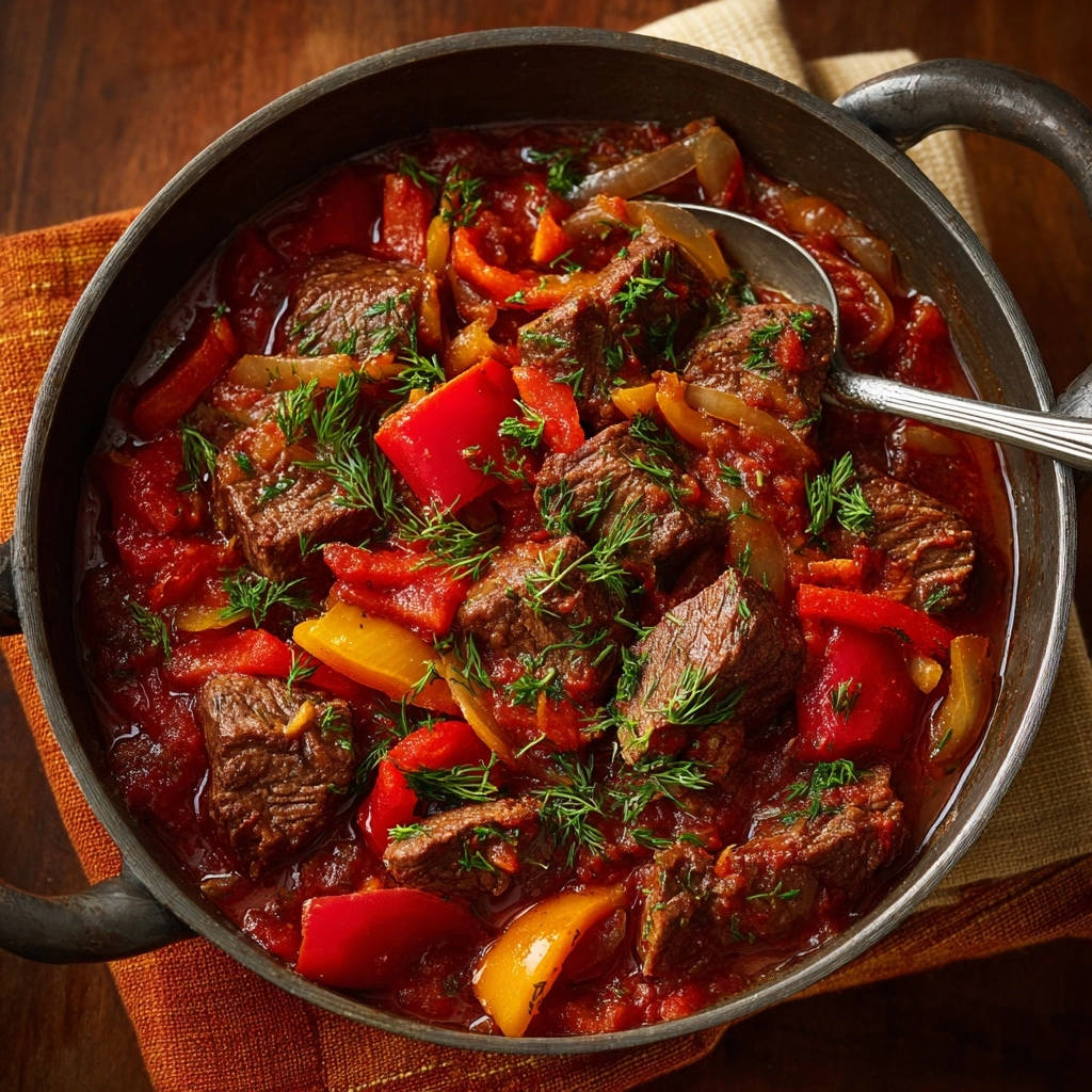Herzhaftes Rindergulasch mit Paprika in einem gusseisernen Topf, nahaufnahme mit Löffel