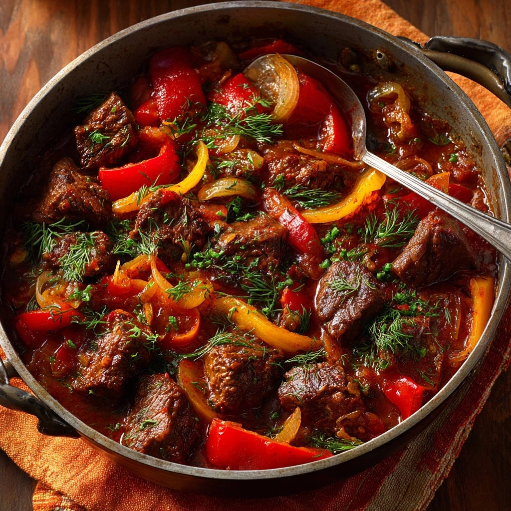Herzhaftes Rindergulasch mit Paprika, nah aufgenommen in einem Topf mit viel Sauce und frischen Kräutern.