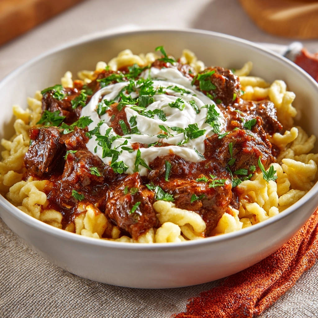 Herzhaftes Rindergulasch mit Spätzle, garniert mit einem Klecks Sauerrahm und frischer Petersilie, Nahaufnahme.