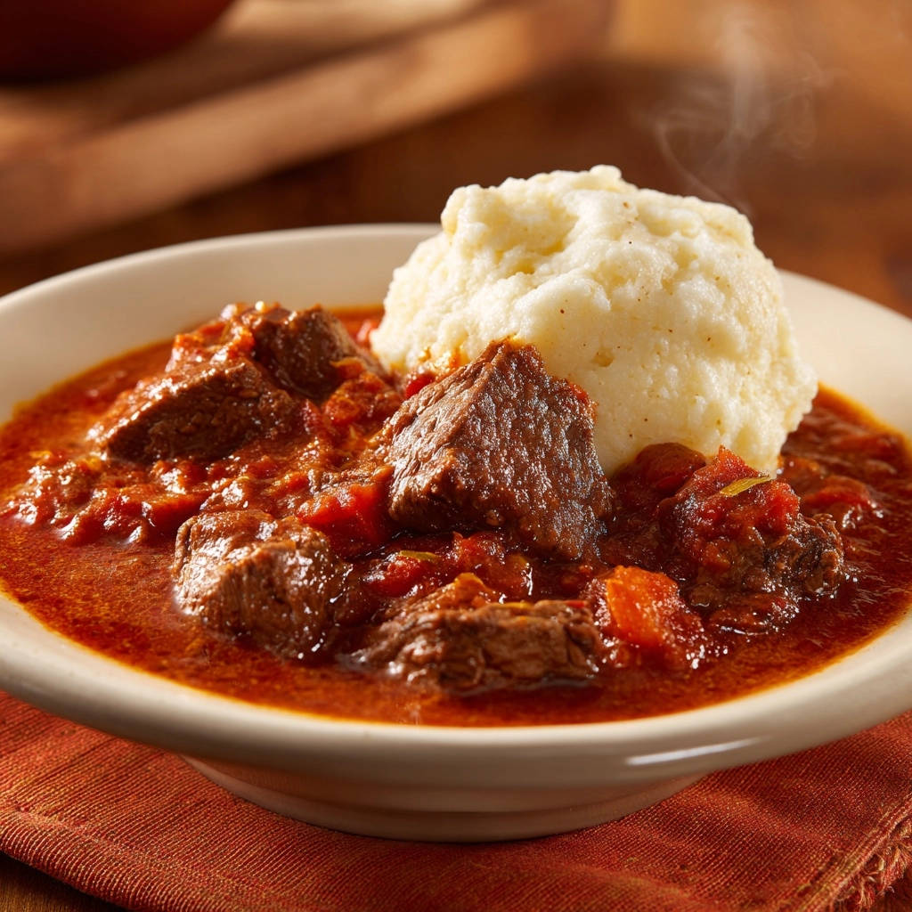 Herzhaftes Rindfleischgulasch mit cremigem Kartoffelpüree, serviert in einer Schüssel mit Dampf, Nahaufnahme.