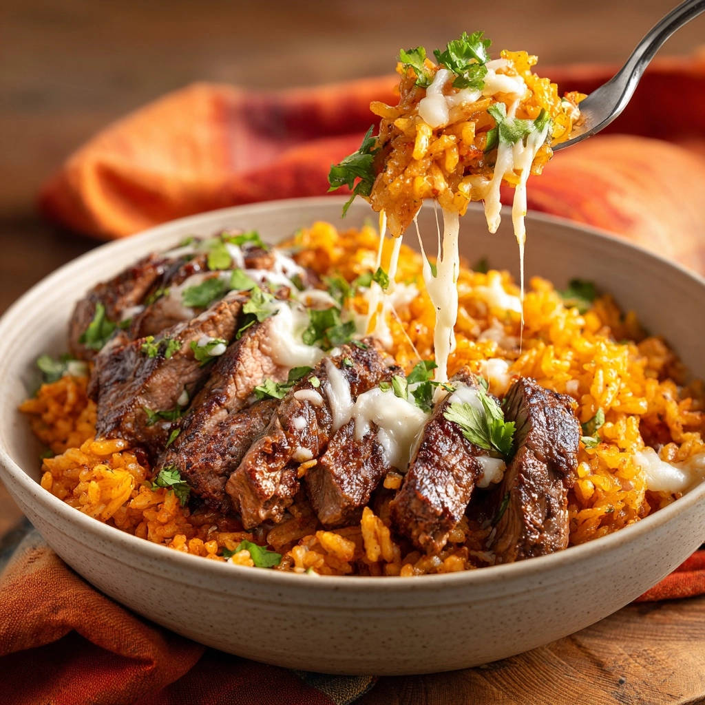 Herzhaftes Steak mit Tex-Mex Reis und Käse, detailaufnahme einer Gabel mit geschmolzenem Käse und Reis.
