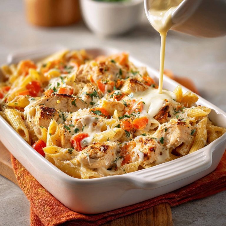 Cremige Hähnchen-Ofen-Pasta mit einer cremigen Soße, die über das Gericht gegossen wird.