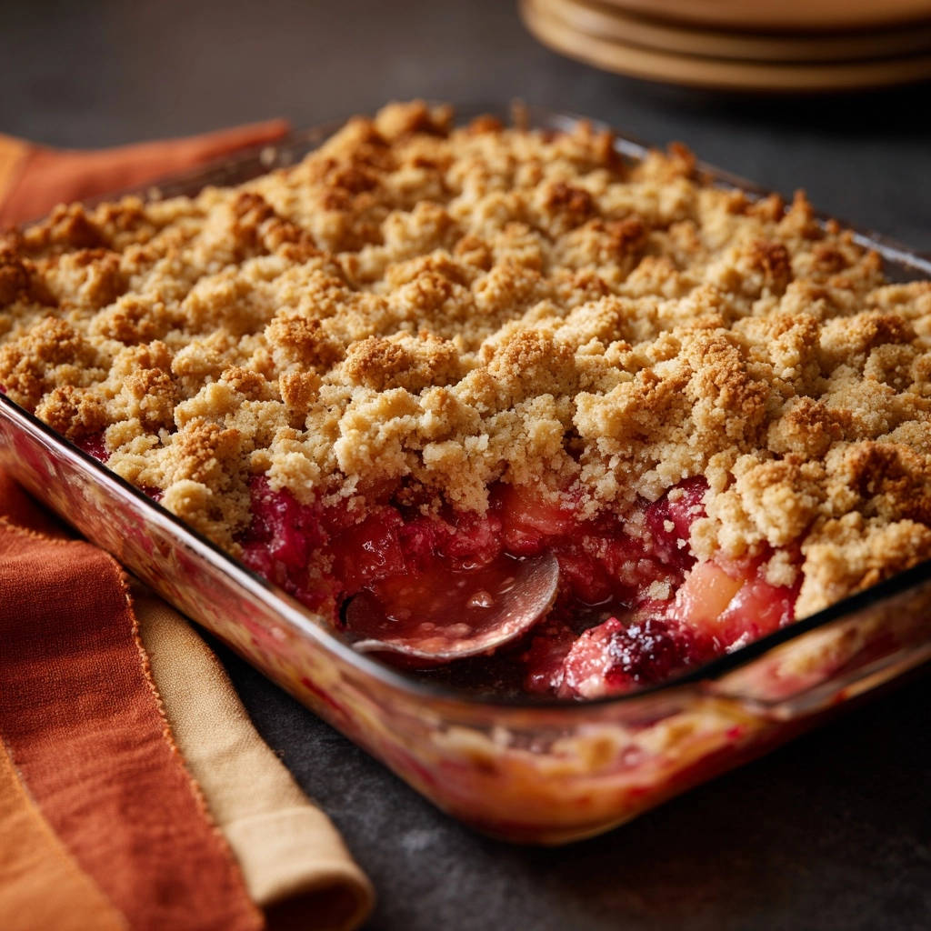 Himbeer-Apfel-Crumble vom Feinsten angeschnitten mit einem Löffel, der die Fruchtfüllung und knusprigen Streusel zeigt