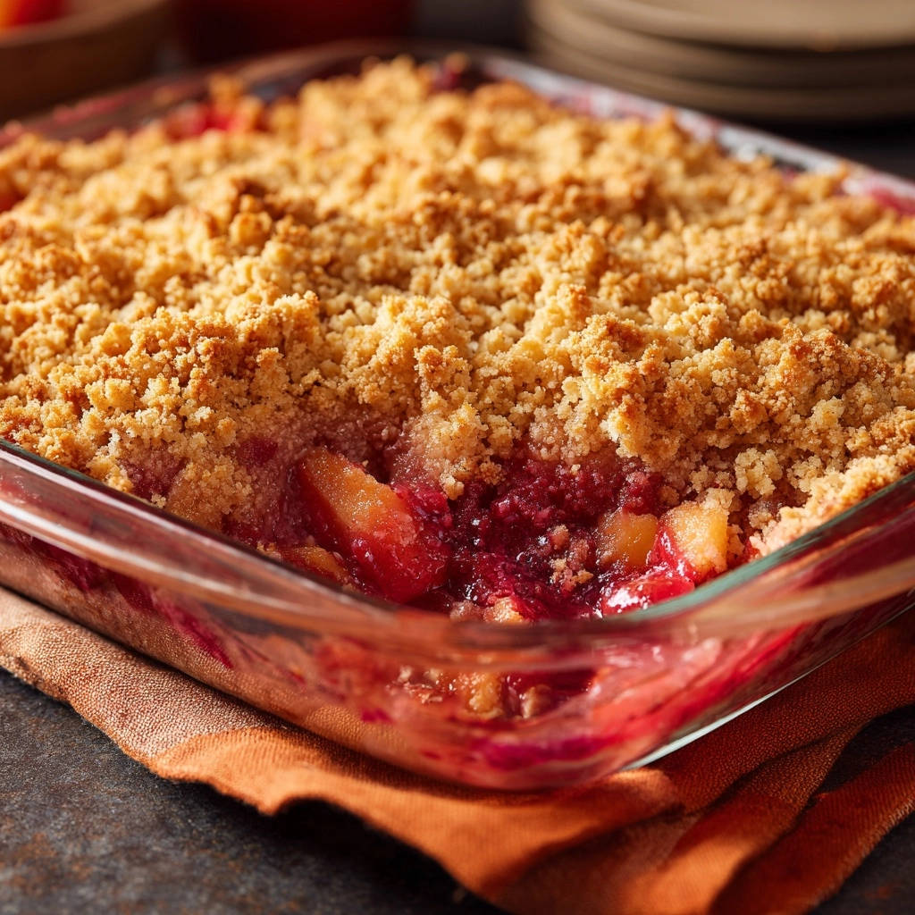Himbeer-Apfel-Crumble vom Feinsten zeigt einen tiefen Querschnitt der fruchtigen Füllung unter knusprigen Streuseln.