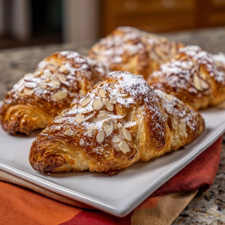Himmlische Mandel Croissants, frisch bestäubt mit Puderzucker und garniert mit gerösteten Mandelblättchen auf einem weißen Teller.