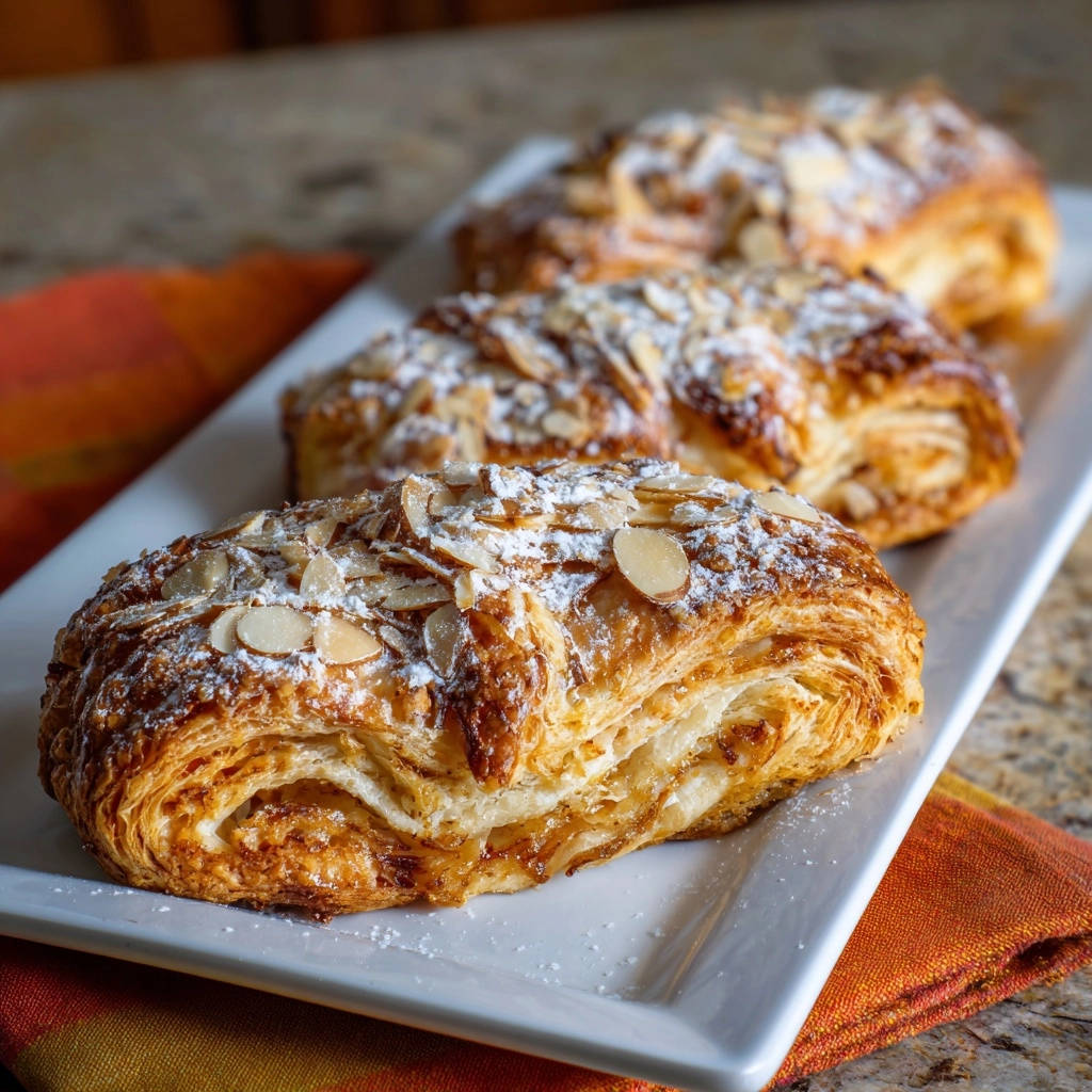 Himmlische Mandel Croissants, nahaufnahme der luftigen Schichten und Mandel-Topping mit Puderzucker bestäubt.