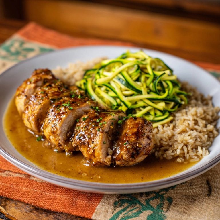 Saftiges Honig-Senf-Hähnchen mit Zucchini-Spiralen und Reis, angeschnitten auf einem Teller serviert.