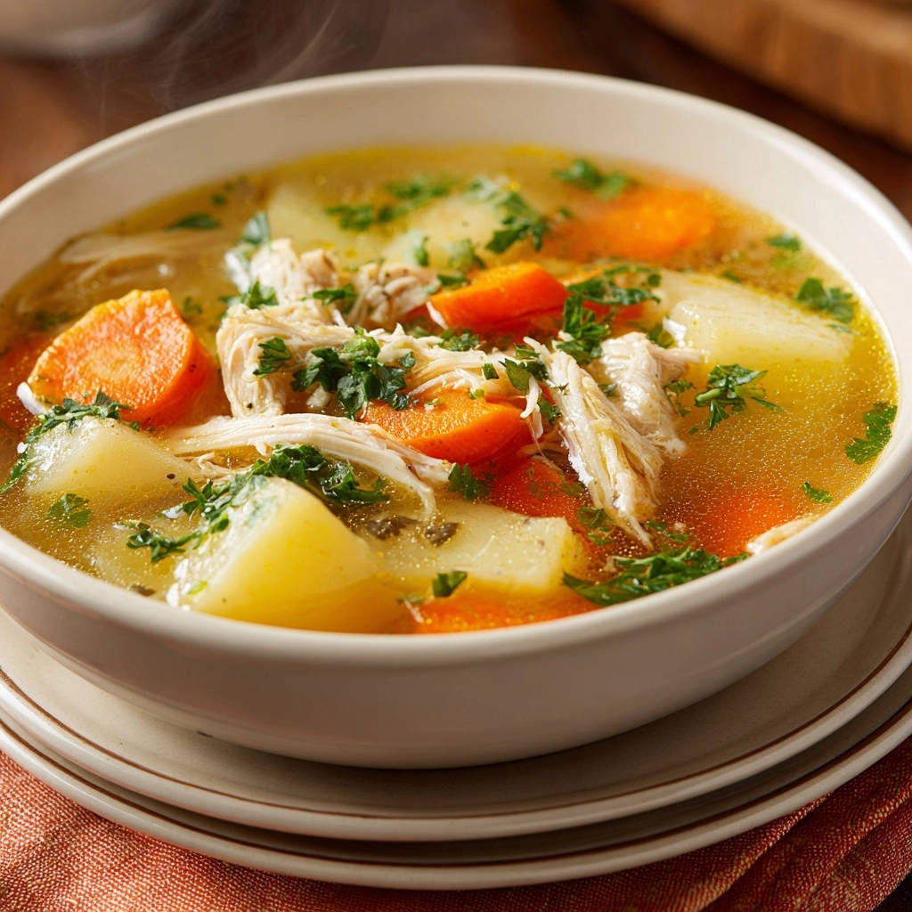 Herzhafte Hühnersuppe mit Wurzelgemüse und zartem Hühnerfleisch, garniert mit frischen Kräutern in einer Schüssel.