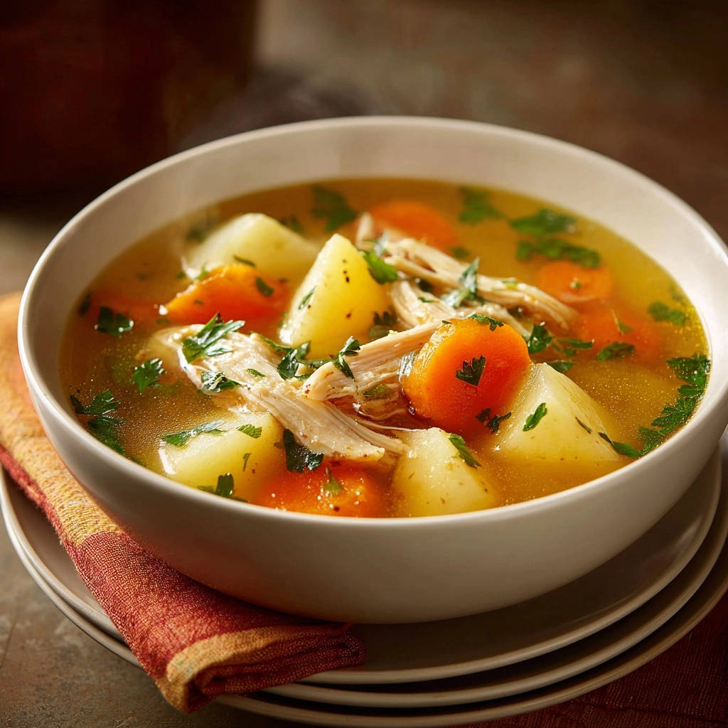Herzhafte Hühnersuppe mit Wurzelgemüse, serviert in einer Schüssel mit Kartoffelstücken, Karotten und Petersilie.