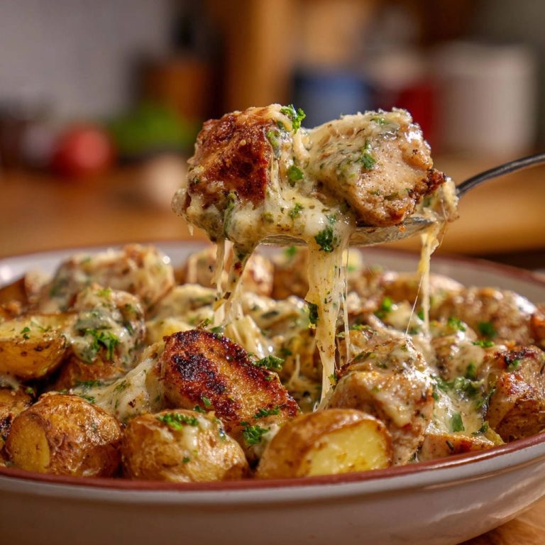 Käse-Hähnchen-Kartoffelpfanne mit geschmolzenem Käse, der von einer Gabel heruntergezogen wird, Nahaufnahme.