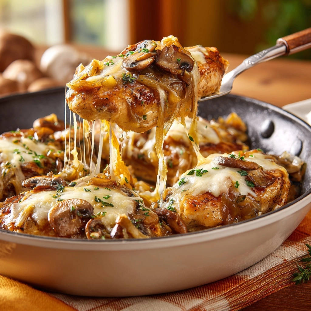 Saftiges Käse-Hähnchen mit Zwiebeln und Pilzen aus der Pfanne, das mit geschmolzenem Käse und frischer Petersilie garniert ist.