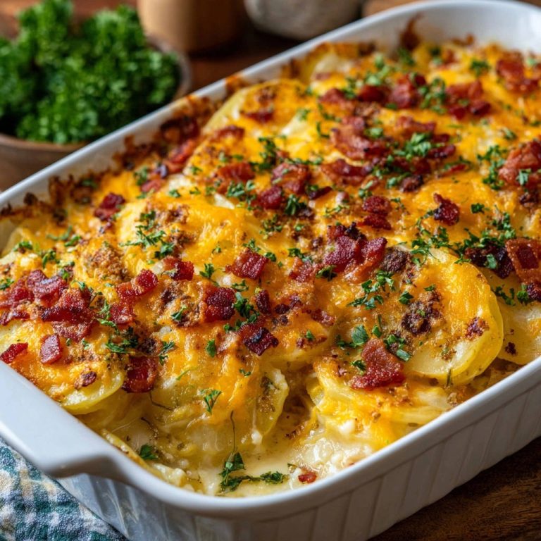 Käse-Kartoffel-Gratin mit knusprigem Bacon, detailreiche Nahaufnahme der gebackenen Kartoffelscheiben mit Käse und Speck