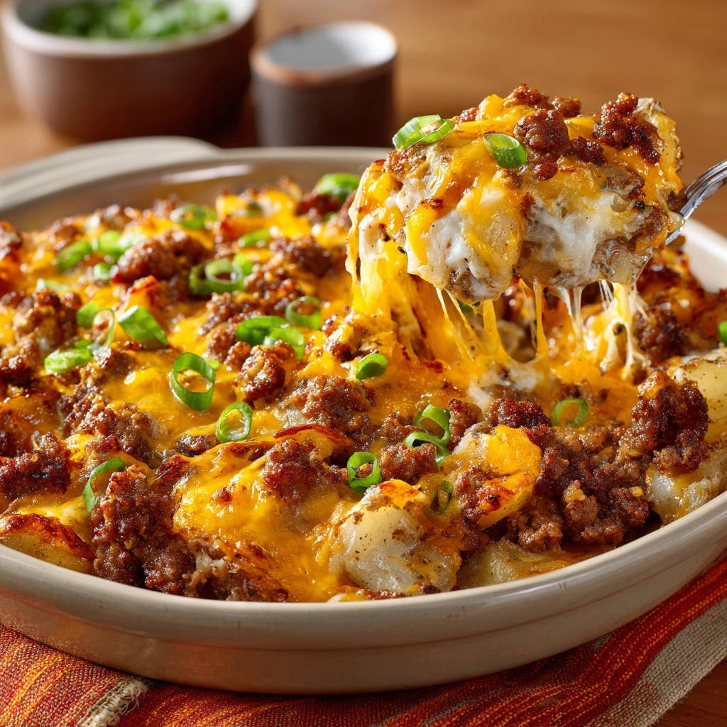 Herzhafter Käse-Kartoffel-Hack-Gratin mit geschmolzenem Käse, der beim Anheben von der Gabel zieht.