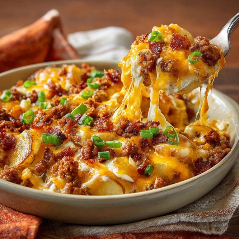 Herzhafter Käse-Kartoffel-Hack-Gratin mit geschmolzenem Käse und gebratenem Hackfleisch, garniert mit Frühlingszwiebeln.