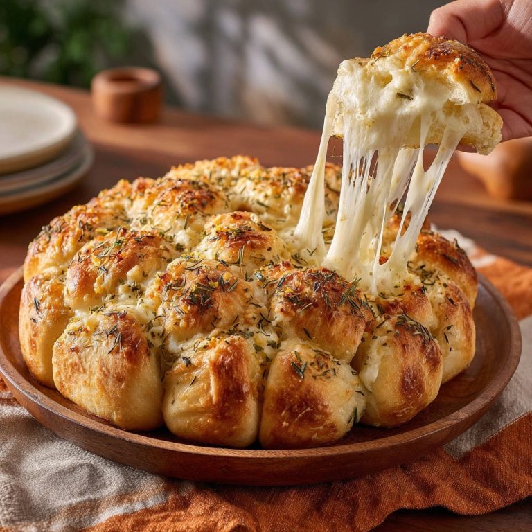 Käse-Knoblauch-Ziehbrot mit unwiderstehlichen Käsefäden, die beim Auseinanderziehen sichtbar werden.