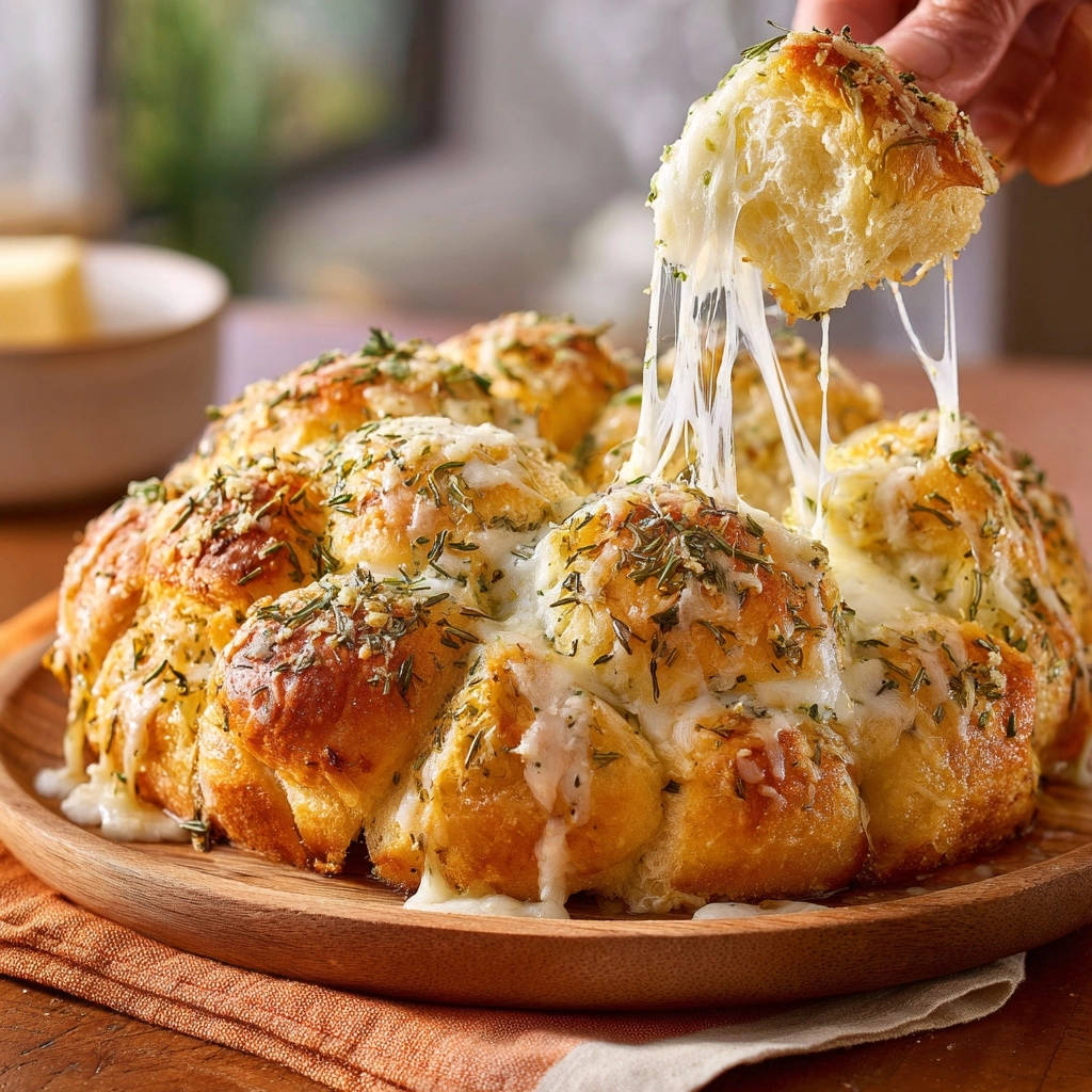 Käse-Knoblauch-Ziehbrot mit langen, geschmolzenen Käsefäden, die beim Herausziehen eines Teils sichtbar sind.
