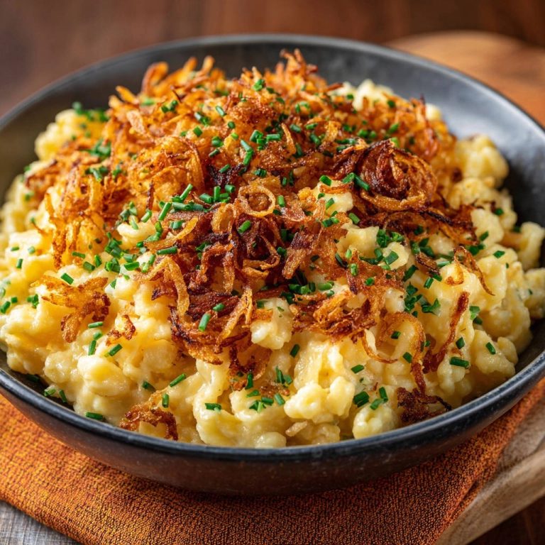 Käsespätzle mit perfekten Röstzwiebeln und Schnittlauch-Garnitur, nahaufnahme des servierten Gerichts in einer Schüssel