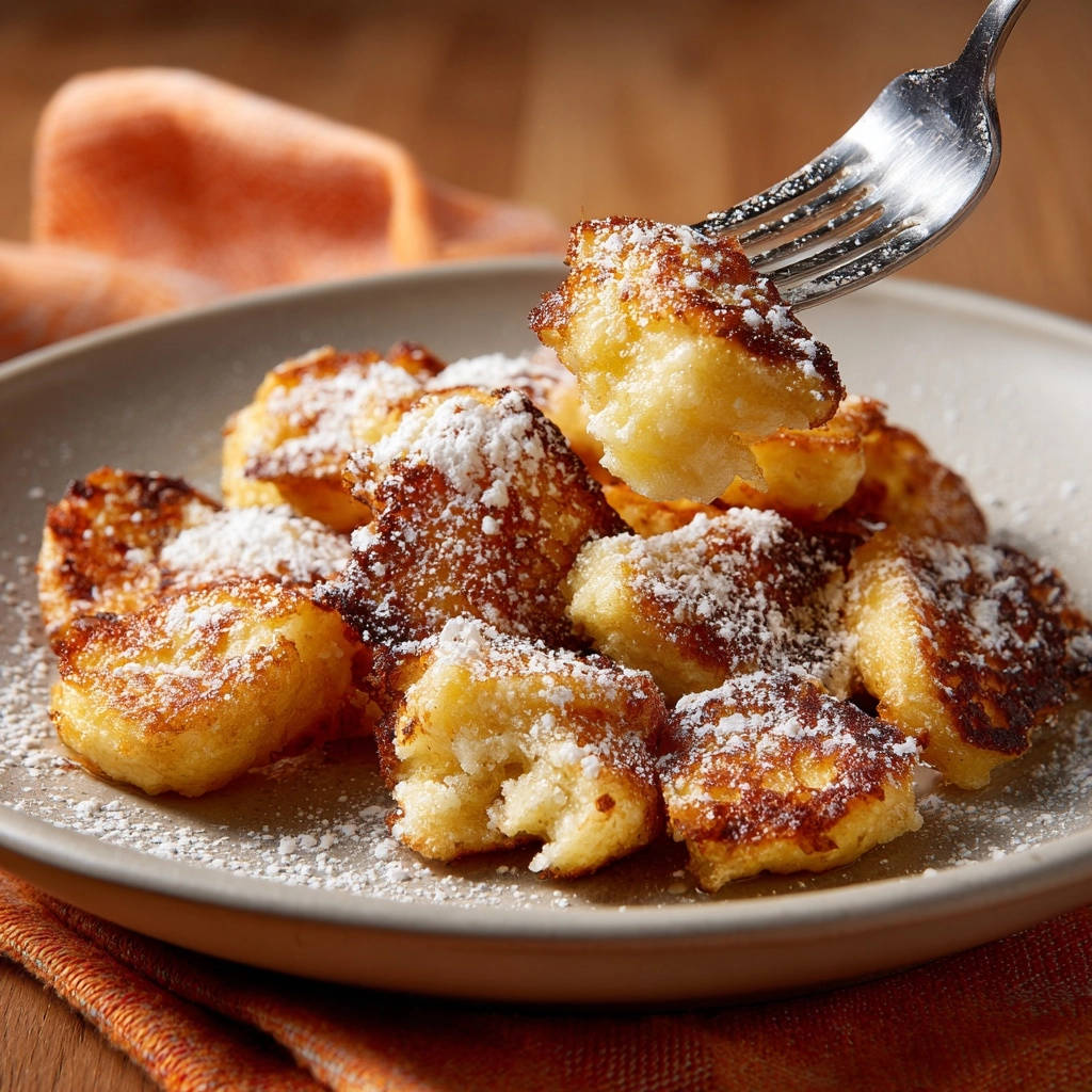 Kaiserschmarrn Original detailaufnahme mit einer Gabel, die ein Stück des fluffigen Gerichts aufnimmt.