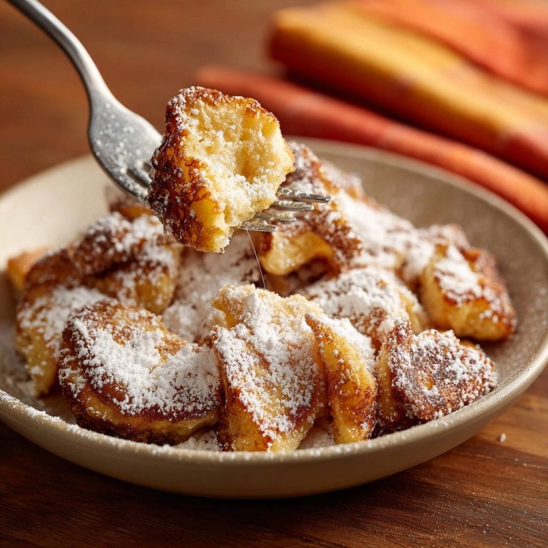 Kaiserschmarrn Original mit Puderzucker, auf einer Gabel aufgespießt, zeigt die fluffige Textur des Gebäcks.