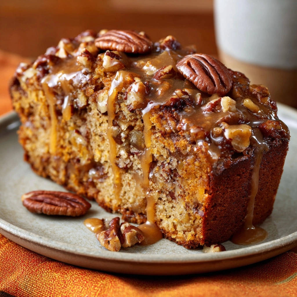 Karamell-Pecan Kastenkuchen, eine Nahaufnahme zeigt die saftige Krume mit reichlich Karamellglasur und Pekannüssen.