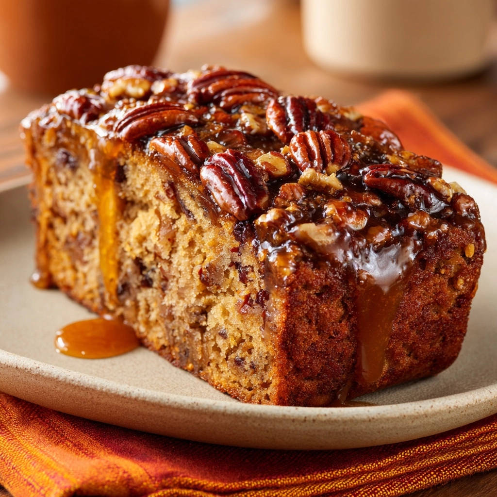 Karamell-Pecan Kastenkuchen angeschnitten mit einer glänzenden Karamellglasur und ganzen Pekannüssen obenauf.