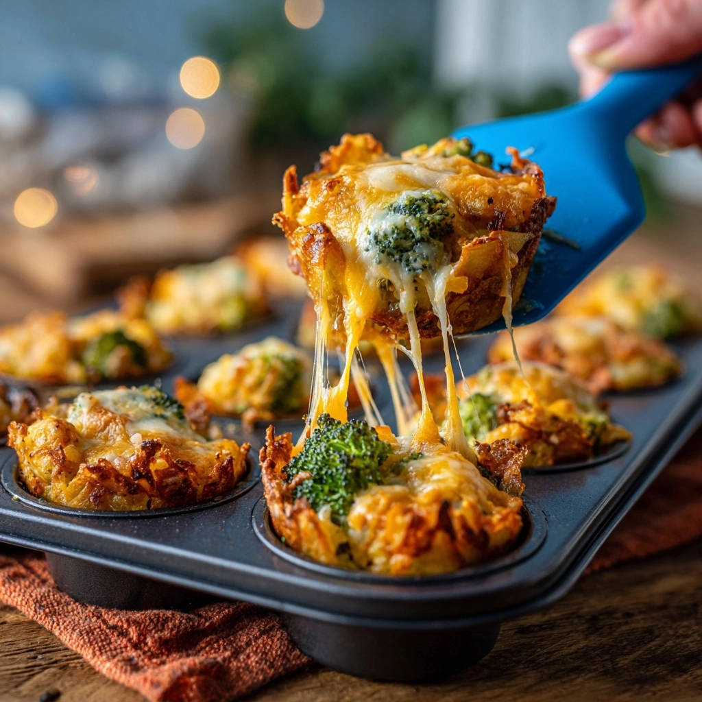 Herzhafte Kartoffel-Brokkoli-Nester mit geschmolzenem Käse, die von einem blauen Spatel gezogen werden