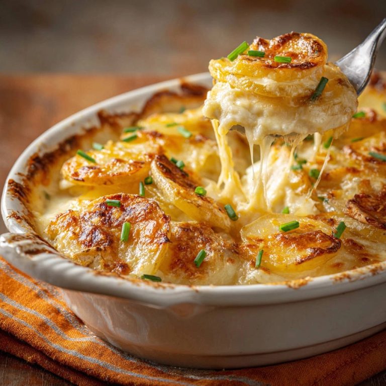 Klassisches Kartoffelgratin: Ein Löffel hebt cremiges, geschmolzenes Käse-Kartoffel-Gratin aus der Auflaufform.