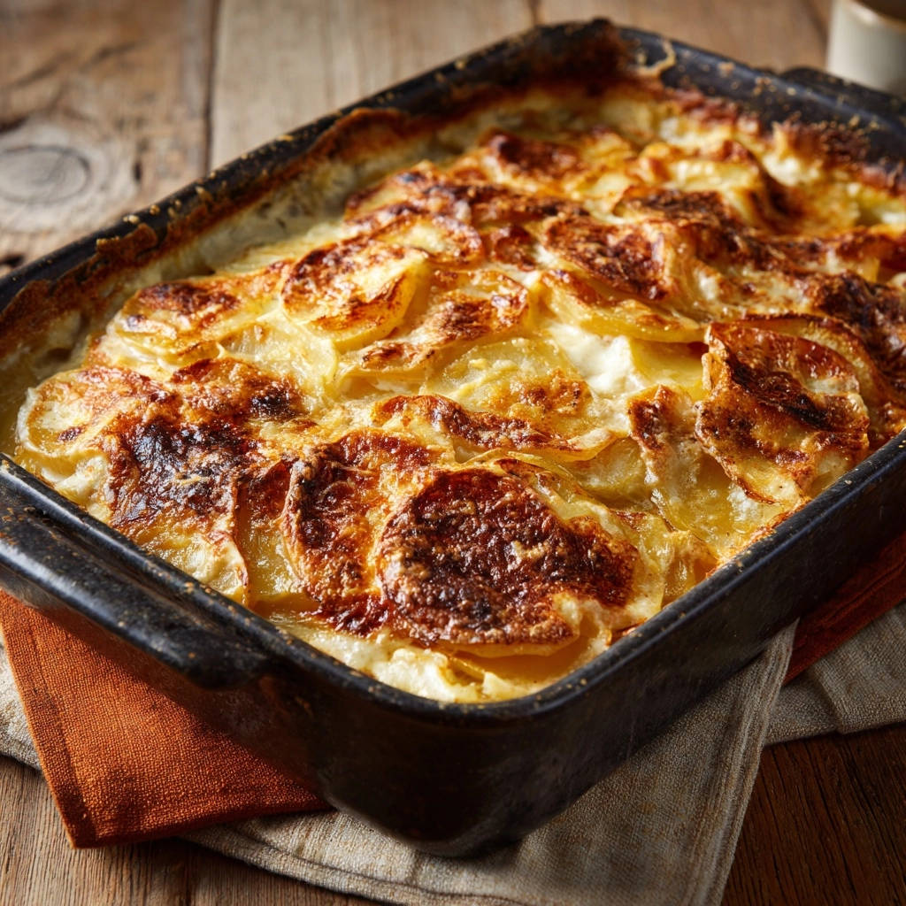 Der perfekte Kartoffelgratin frisch aus der Ofenform mit goldbrauner Kruste, die eine cremige Kartoffelschicht offenbart.