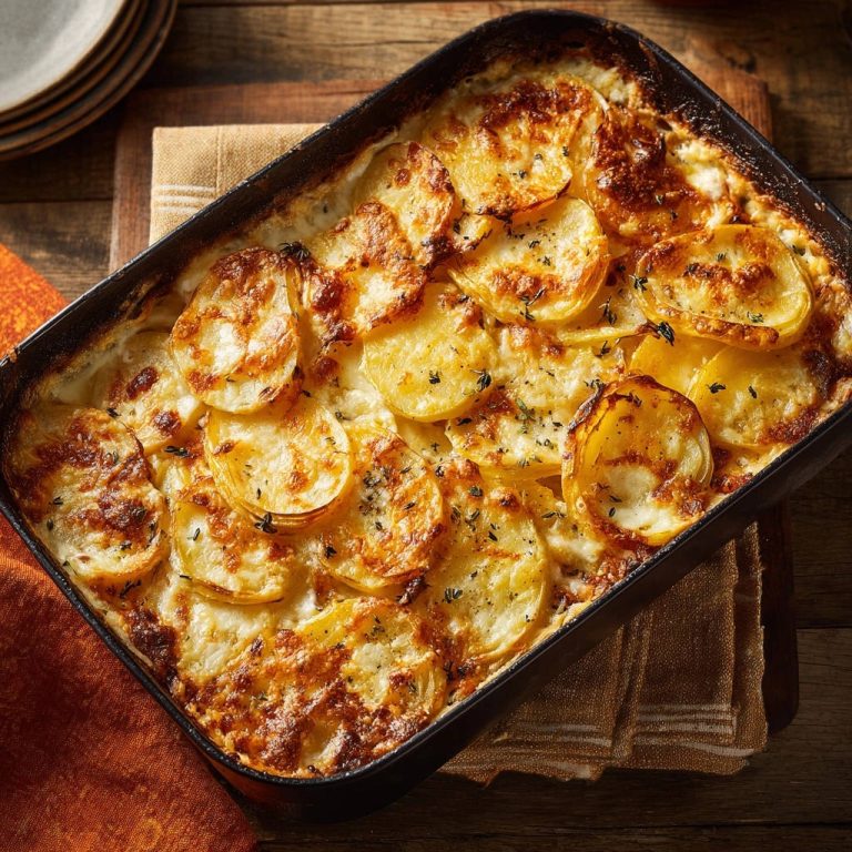 Der perfekte Kartoffelgratin mit goldbraun überbackenem Käse, nahaufnahme der geschichteten Kartoffelscheiben.