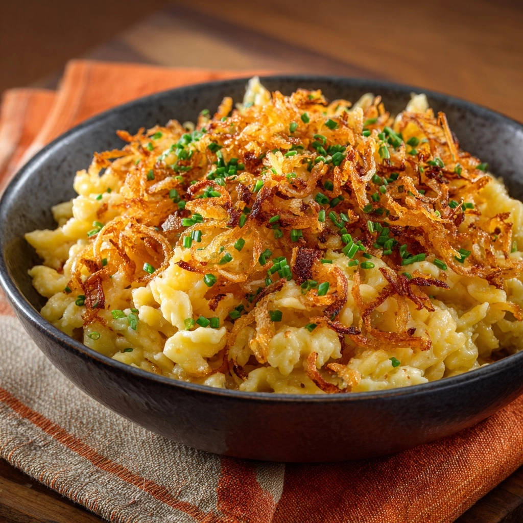 Käsespätzle mit perfekten Röstzwiebeln und frischem Schnittlauch garniert, serviert in einer dunklen Schüssel auf einem gemusterten Tuch.