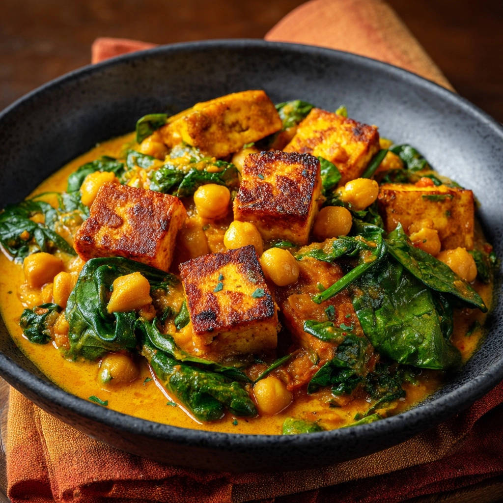Kichererbsen-Spinat-Curry mit gebratenem Paneer, Nahaufnahme der würzigen Textur und der frischen Zutaten