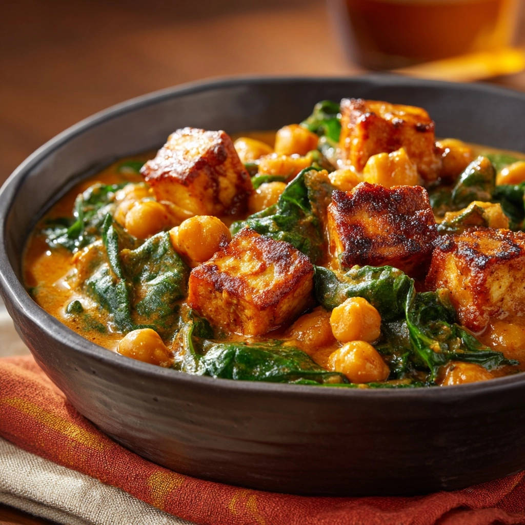 Kichererbsen-Spinat-Curry mit gebratenem Paneer, eine Nahaufnahme der würfeligen Paneer-Stücke in der cremigen Sauce.