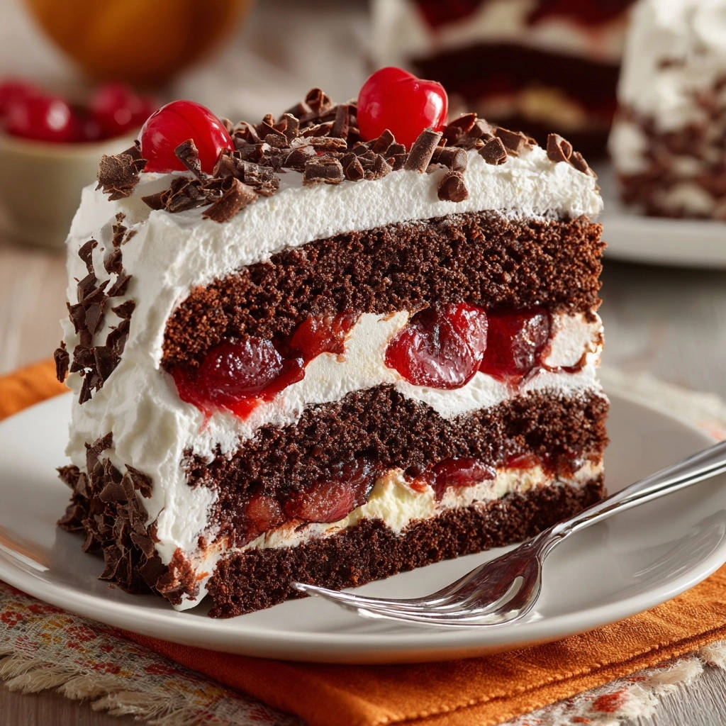 Klassische Schwarzwälder Kirschtorte angeschnitten mit saftigen Kirschen und Sahneschichten, garniert mit Schokostreuseln und Kirschen.