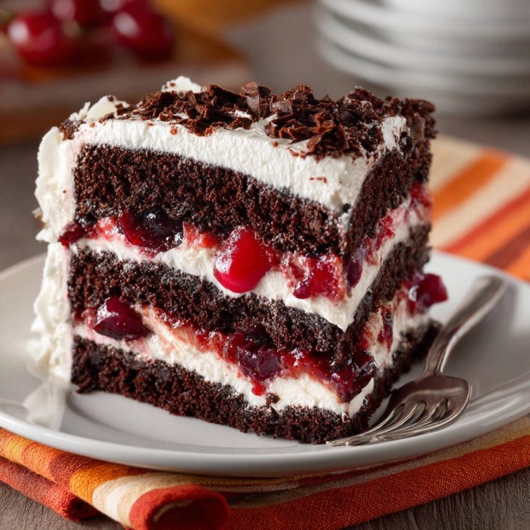 Klassische Schwarzwälder Kirschtorte, ein angeschnittener Tortenwinkel mit saftigen Kirschen und Sahne.