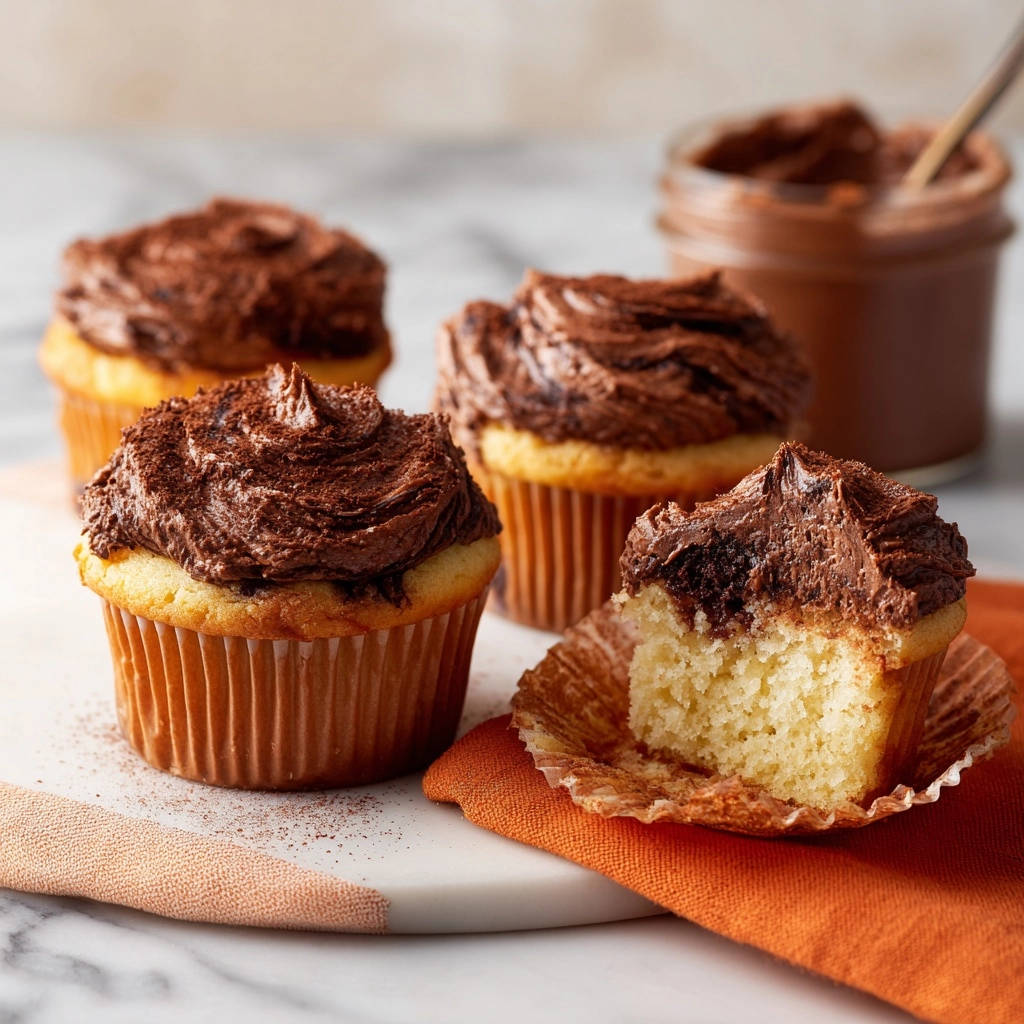 Klassische Vanille Cupcakes mit Schokofrosting, ein Anschnitt zeigt den fluffigen Teig und die Schokoladenfüllung.