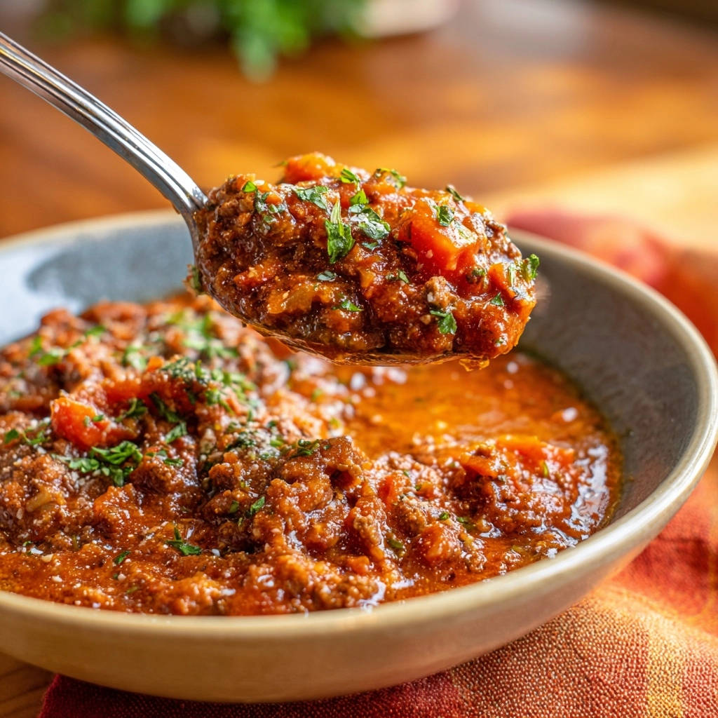 Klassisches Bolognese-Ragout auf einem Löffel, mit frischer Petersilie garniert, Nahaufnahme der Textur.