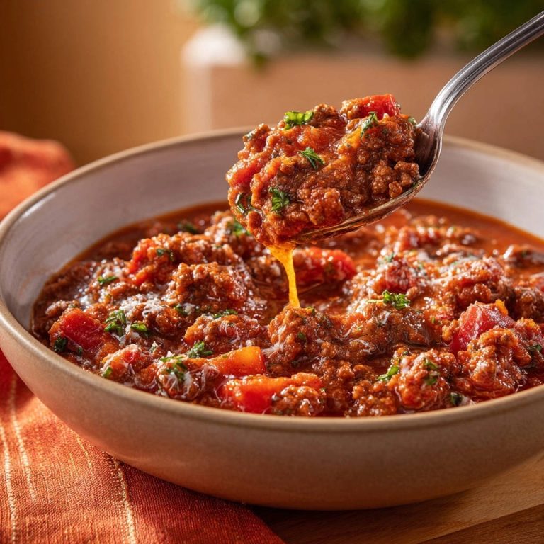 Klassisches Bolognese-Ragout mit einem Löffel voller saftiger Röstaromen wird aus einer Schüssel gehoben.