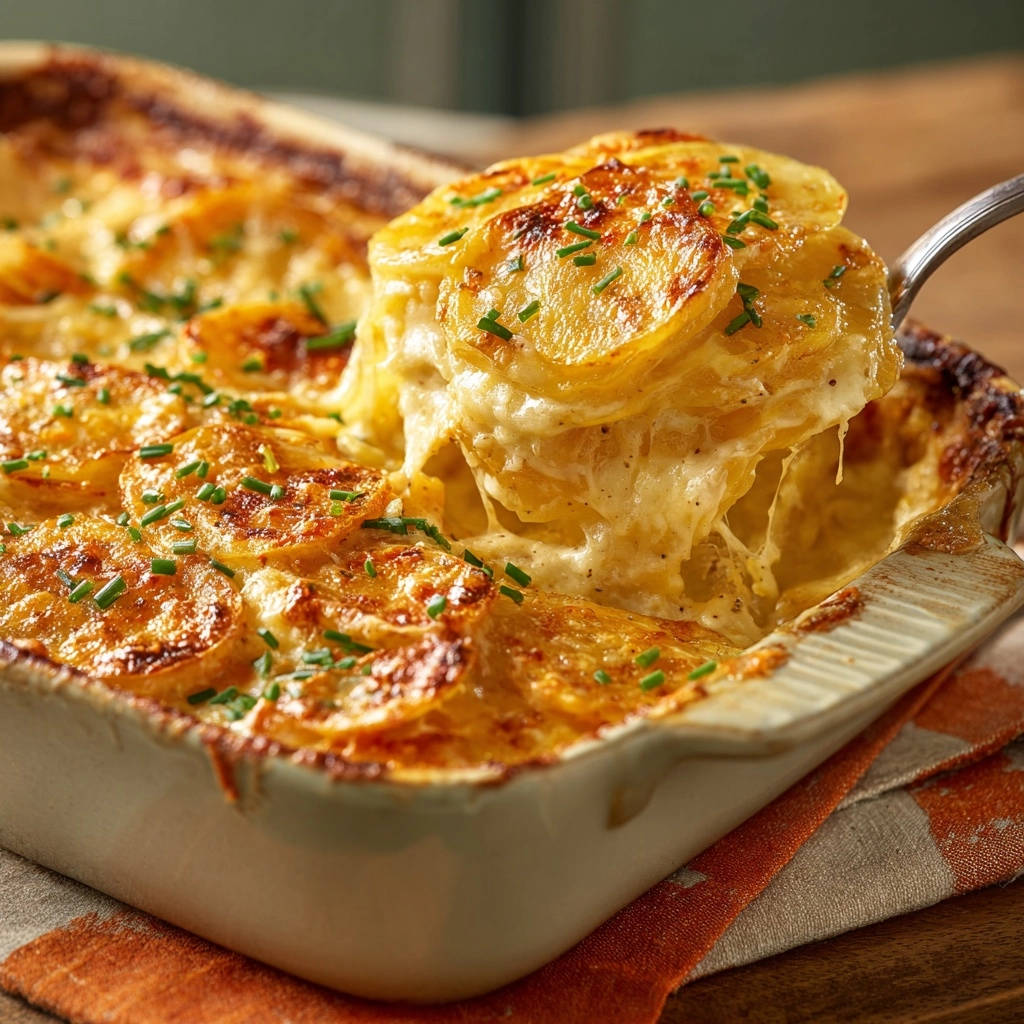 Klassisches Kartoffelgratin als cremiger Querschnitt auf einem Löffel aus der Auflaufform gehoben.