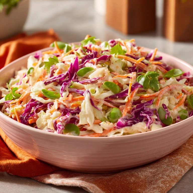 Knackiger Krautsalat mit Edamame in einer rosa Schüssel, detailreiche Nahaufnahme der frischen Zutaten und cremigen Sauce.