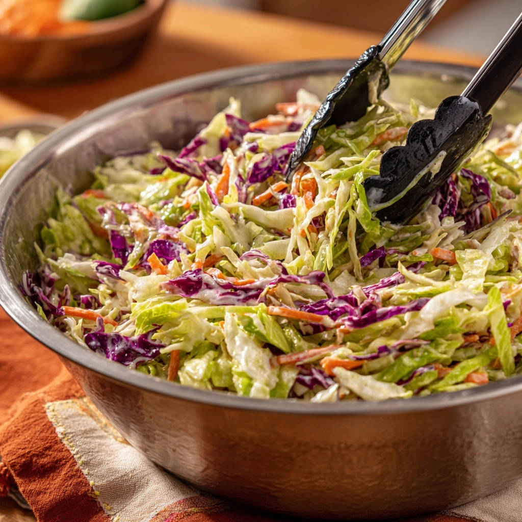 Knackiger Krautsalat in einer grossen Edelstahlschüssel, mit Zangen wird eine Portion entnommen.